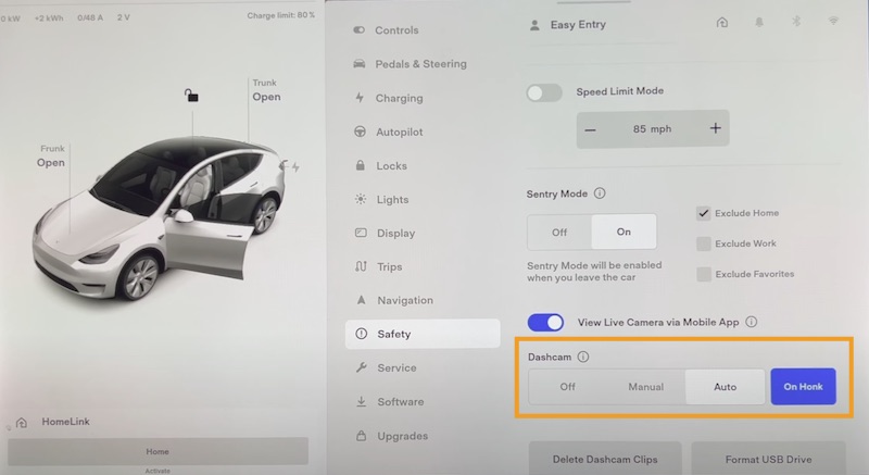 enable dashcam feature on Tesla in settings