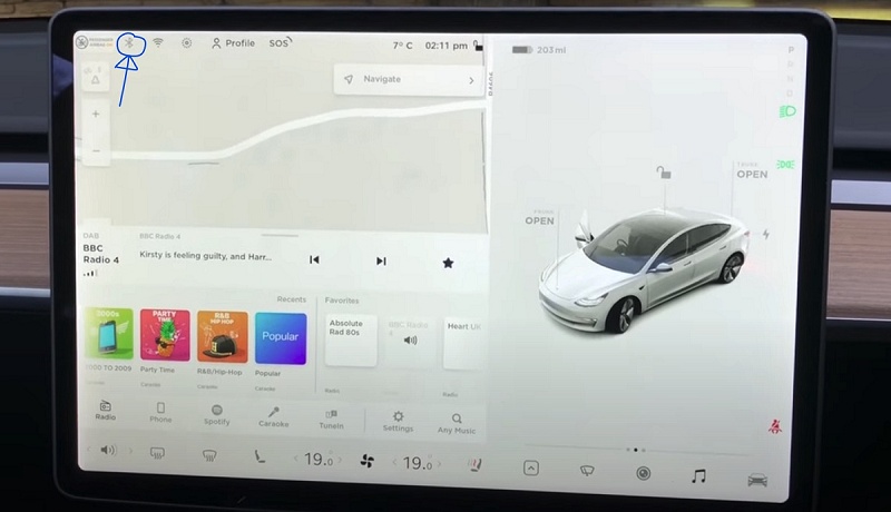 click on bluetooth icon on Tesla