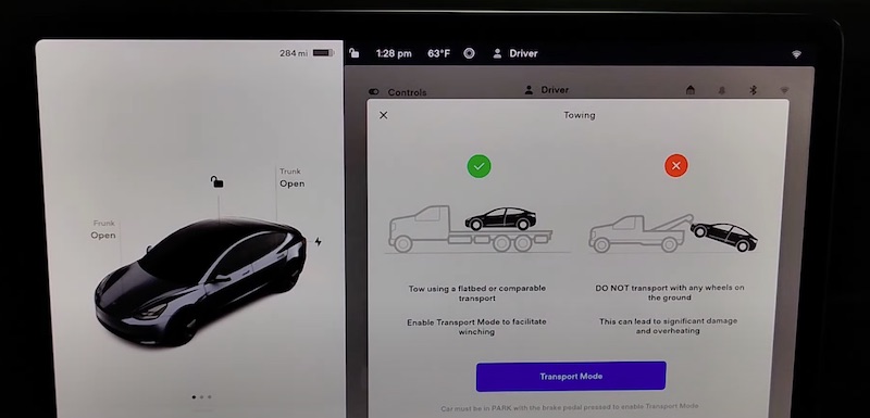 enable transport mode on Tesla