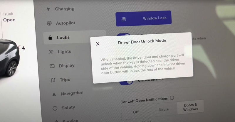 Tesla driver door unlock mode feature