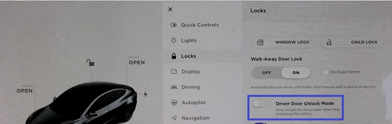 turn off Tesla driver door unlock mode feature