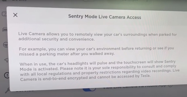 Sentry mode live camera access feature enabled