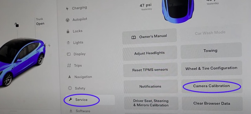 tap on camera calibration on Tesla service menu