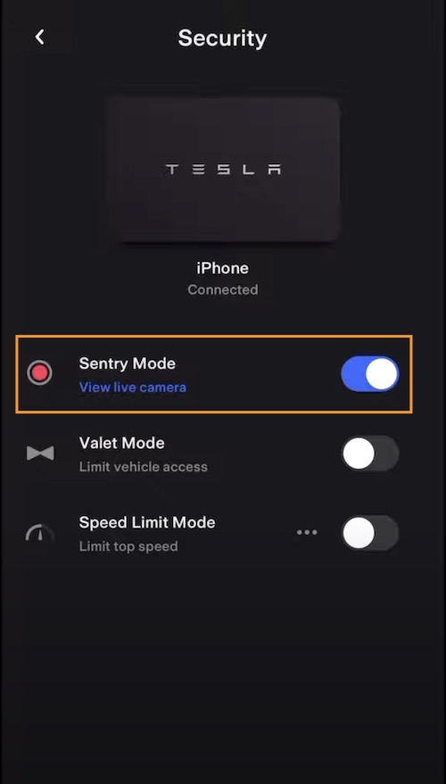 turn on sentry mode on tesla app